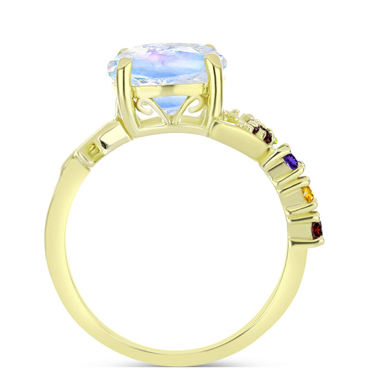 Goldplattierter Silberring mit Regenbogenmondstein und marokkanischem Amethyst