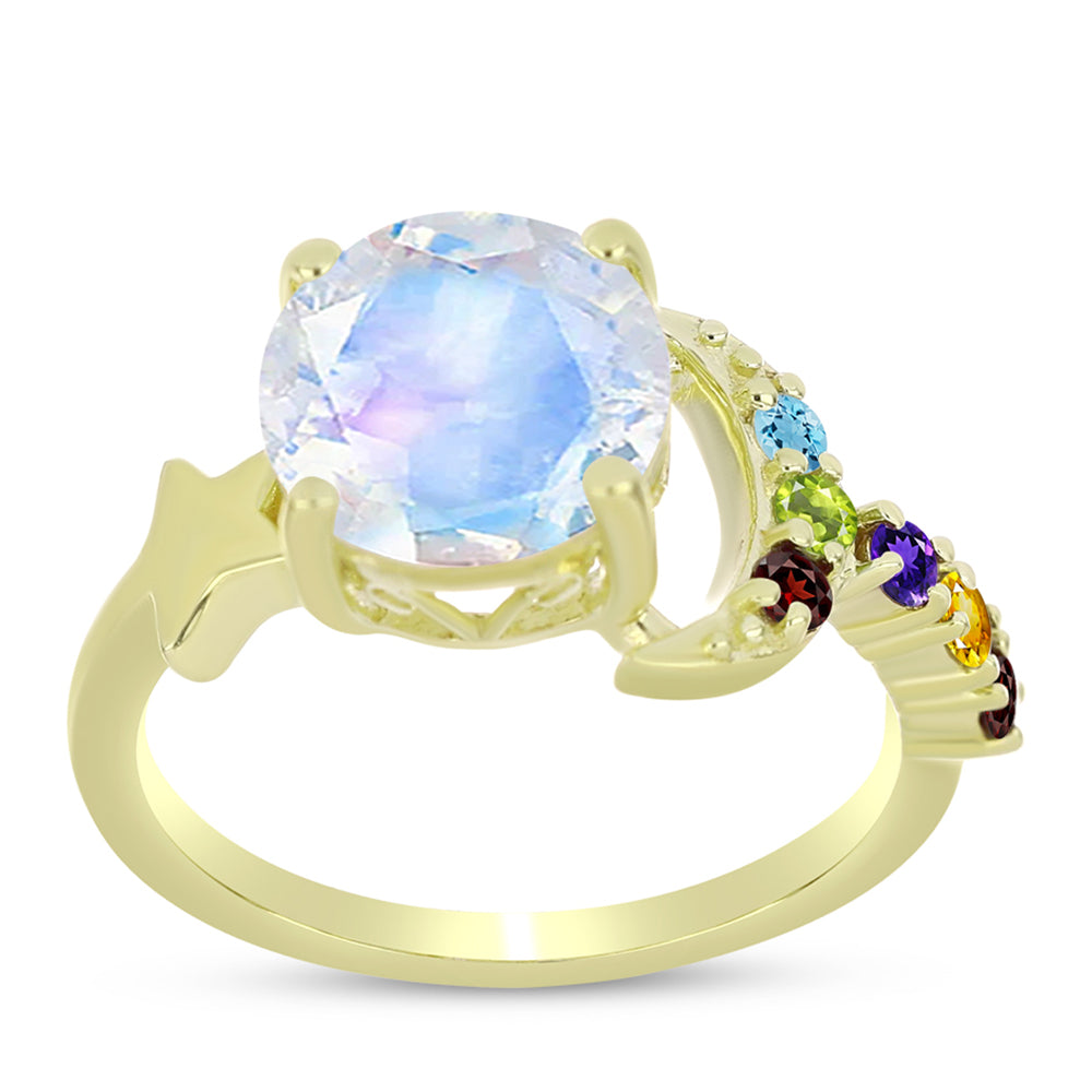 Goldplattierter Silberring mit Regenbogenmondstein und marokkanischem Amethyst