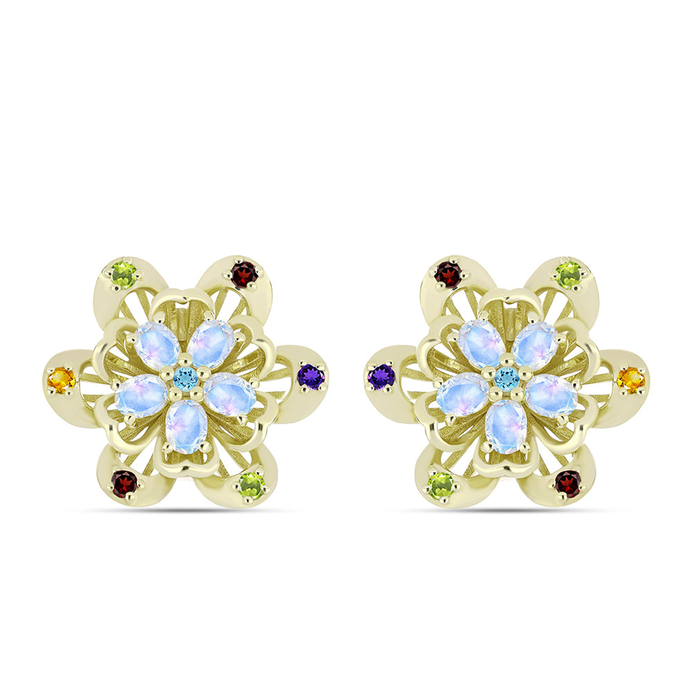 Goldplattierte Silberohrringe mit Regenbogenmondstein und marokkanischem Amethyst