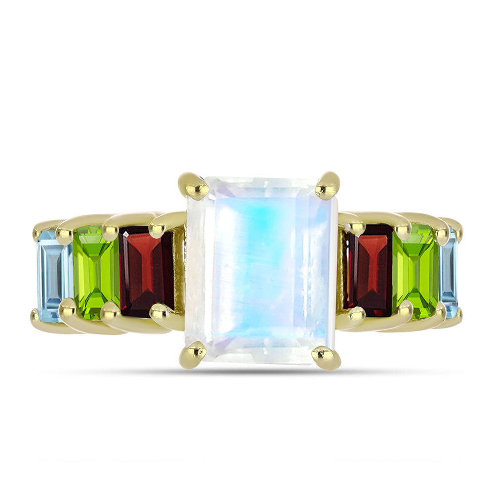 Goldplattierter Silberring mit Regenbogenmondstein und Barton Granat 5 