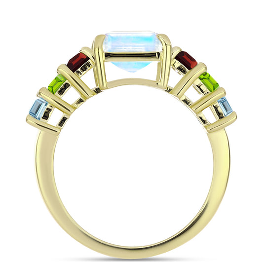 Goldplattierter Silberring mit Regenbogenmondstein und Barton Granat