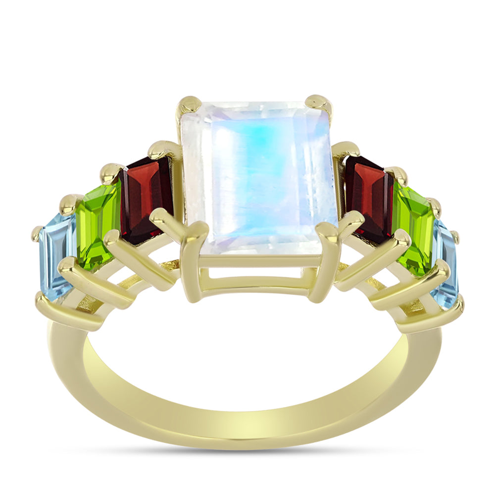 Goldplattierter Silberring mit Regenbogenmondstein und Barton Granat