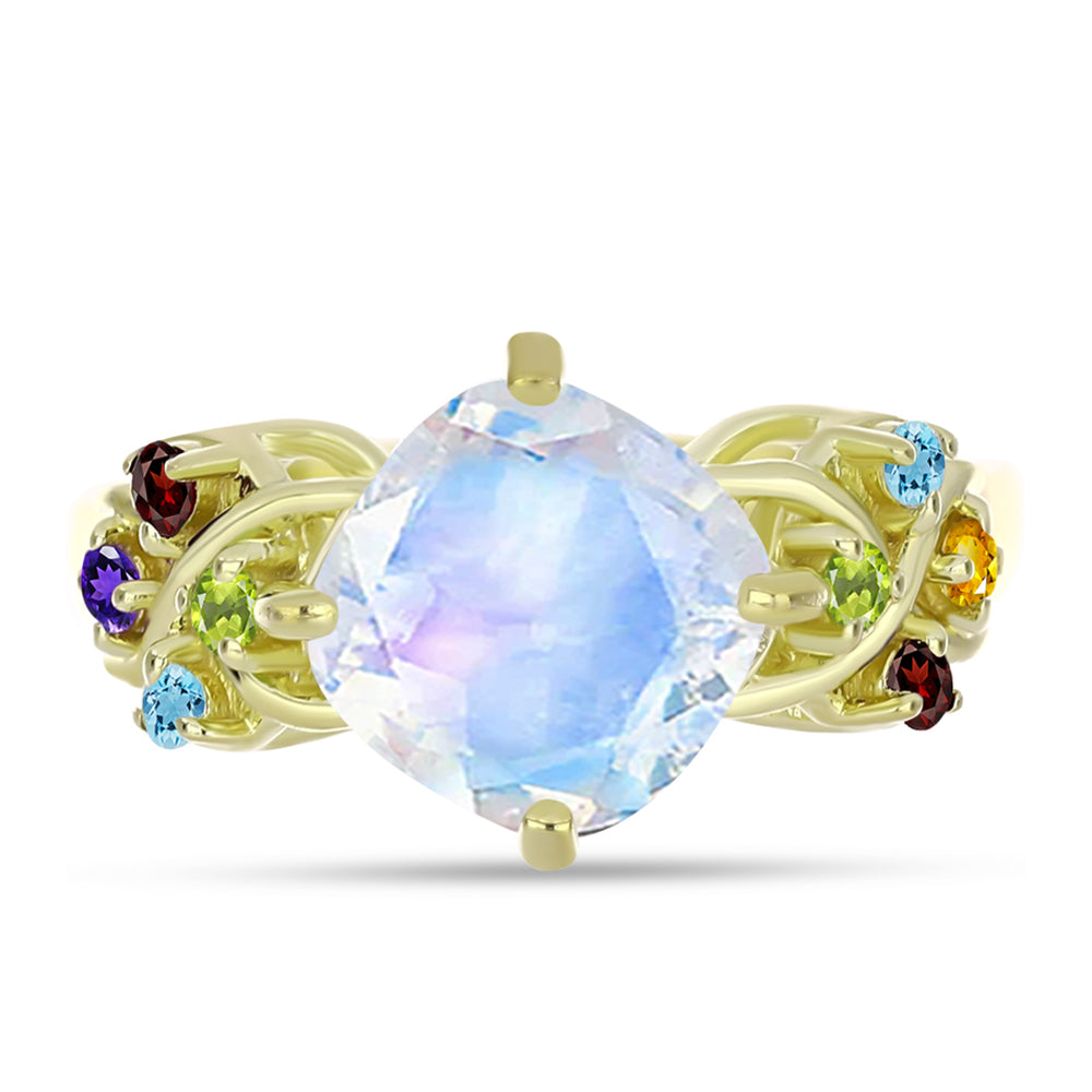 Goldplattierter Silberring mit Regenbogenmondstein und marokkanischem Amethyst 1 
