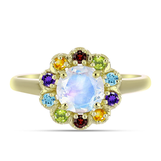 Goldplattierter Silberring mit Regenbogenmondstein und marokkanischem Amethyst
