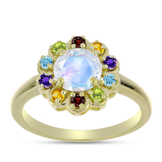 Goldplattierter Silberring mit Regenbogenmondstein und marokkanischem Amethyst