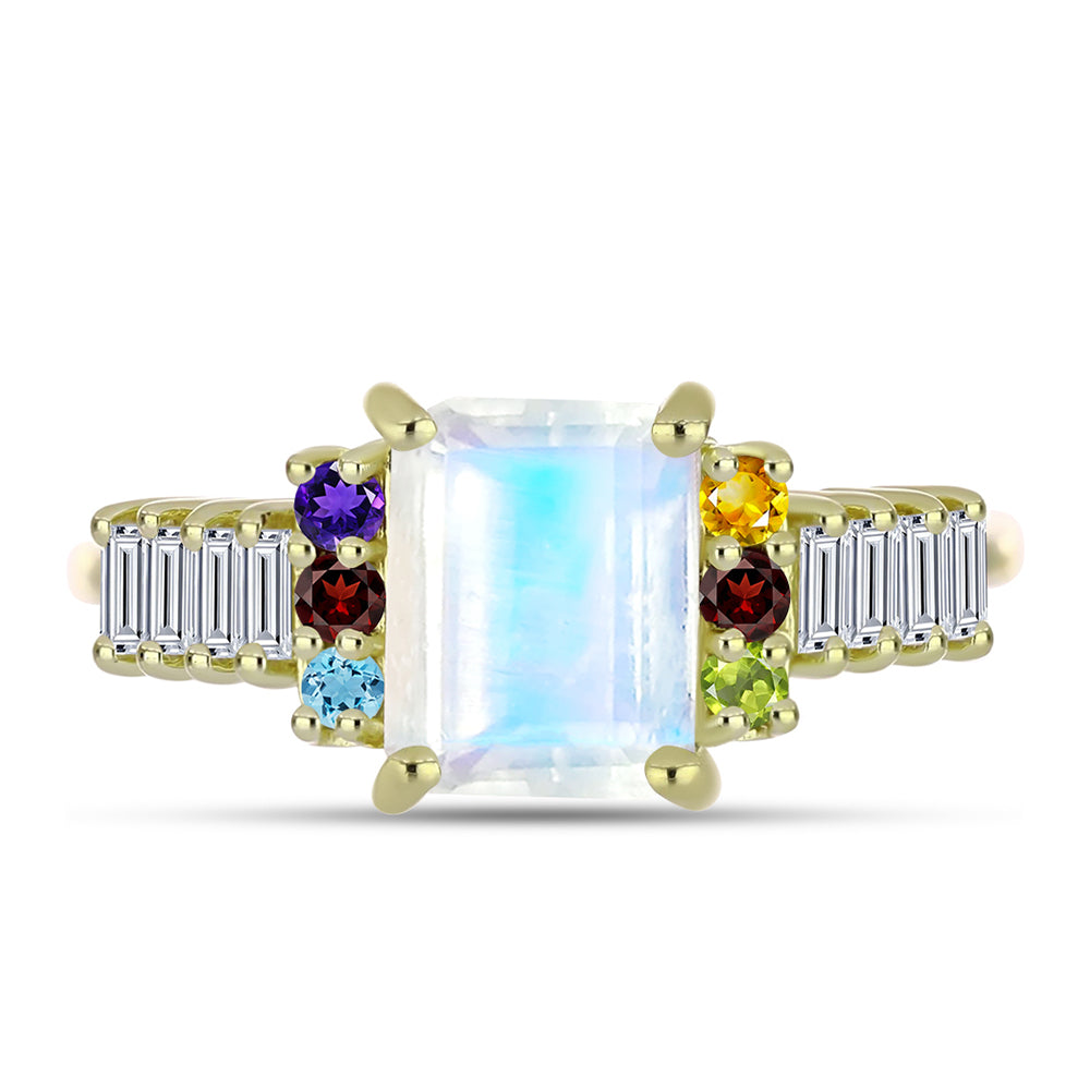 Goldplattierter Silberring mit Regenbogenmondstein und marokkanischem Amethyst