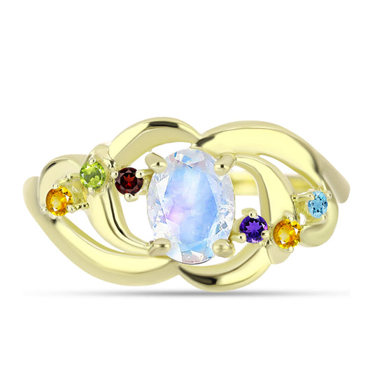Goldplattierter Silberring mit Regenbogenmondstein und marokkanischem Amethyst