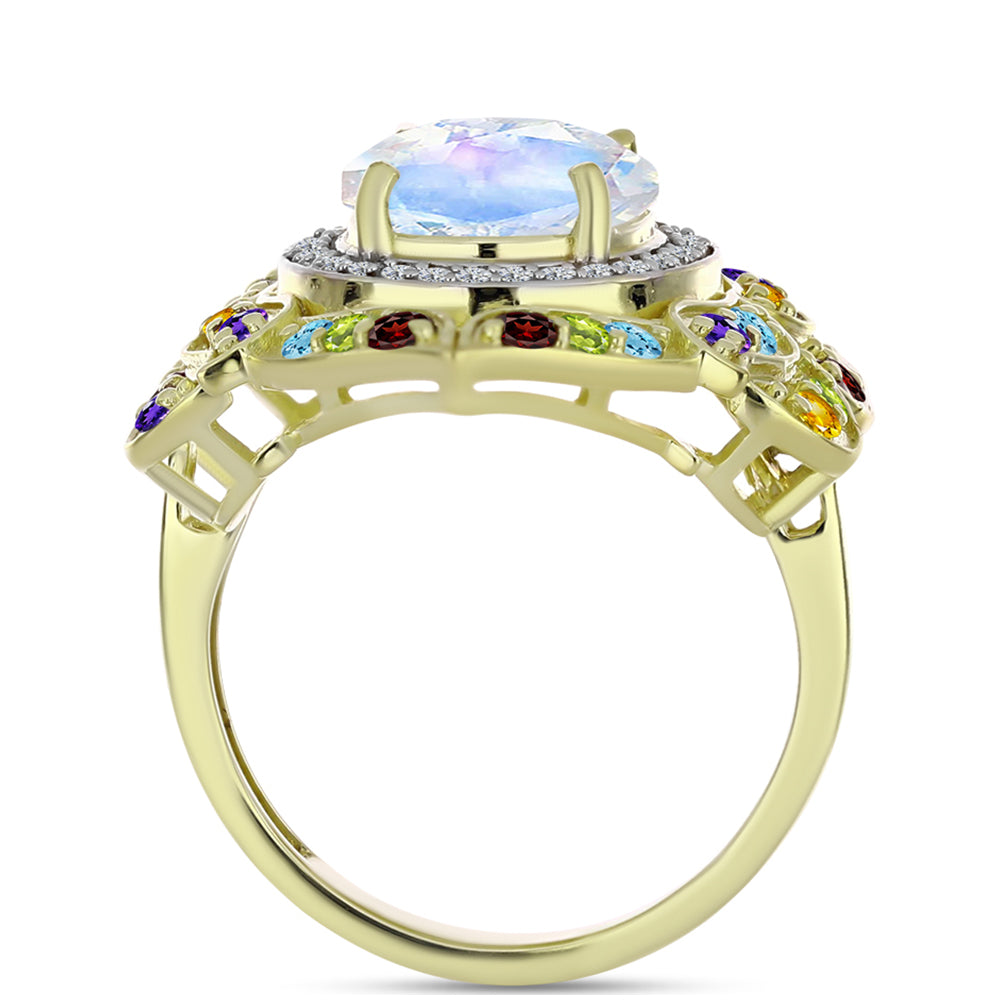 Goldplattierter Silberring mit Regenbogenmondstein und marokkanischem Amethyst 10 