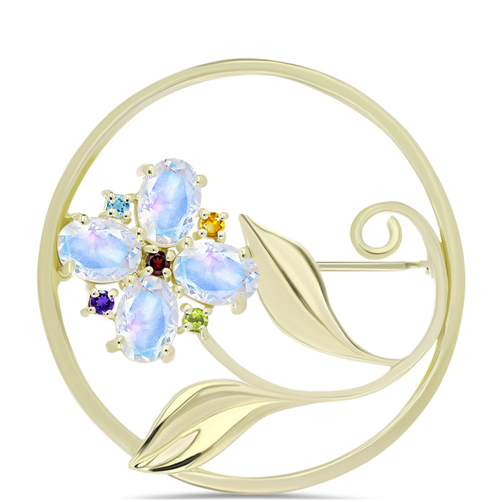 Goldplattierte Silberbrosche mit Regenbogenmondstein und marokkanischem Amethyst