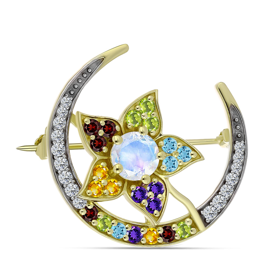 Goldplattierte Silberbrosche mit Regenbogenmondstein und marokkanischem Amethyst 3 