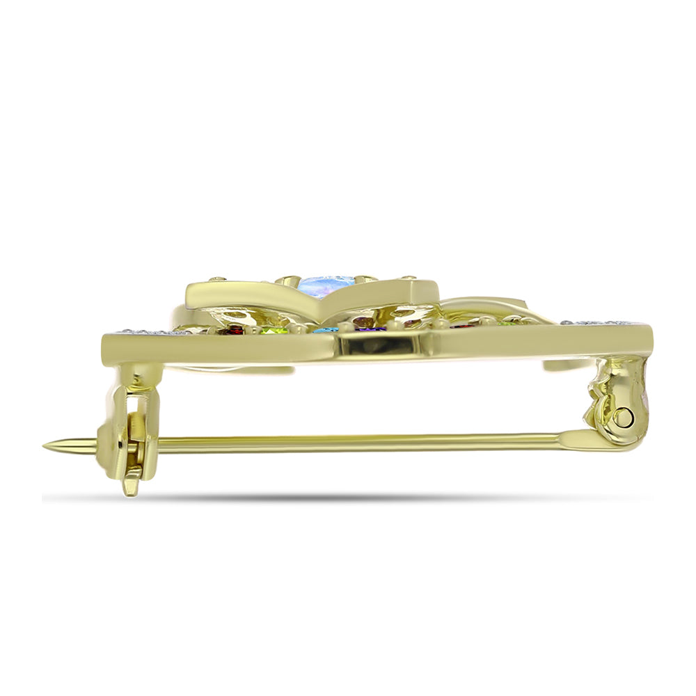 Goldplattierte Silberbrosche mit Regenbogenmondstein und marokkanischem Amethyst