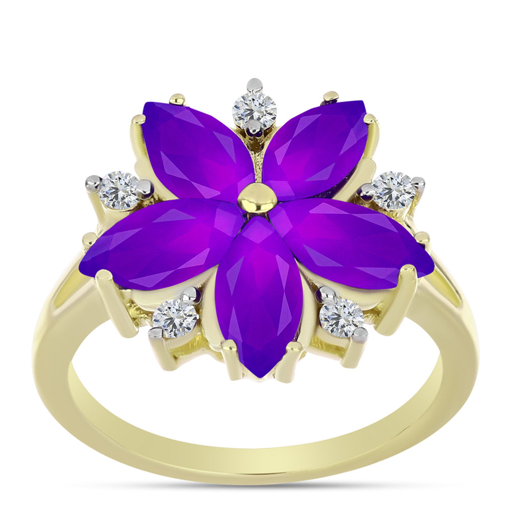 Goldplattierter Silberring mit lila Achat und weißem Topas