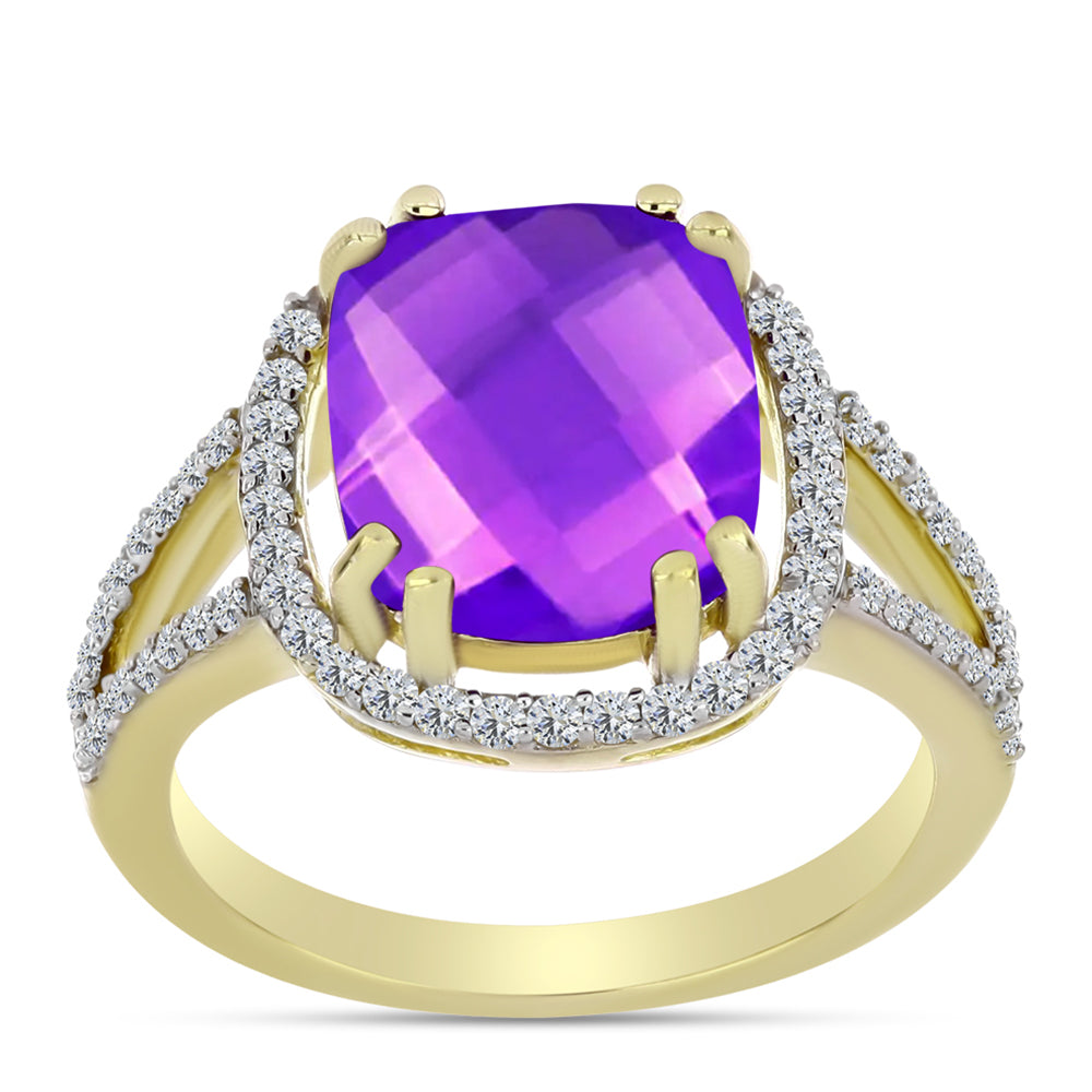 Goldplattierter Silberring mit lila Achat und weißem Topas