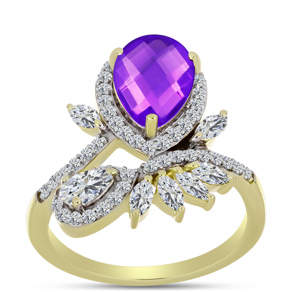 Goldplattierter Silberring mit lila Achat und weißem Topas 3 