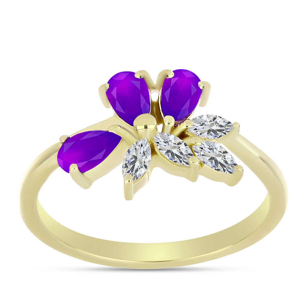 Goldplattierter Silberring mit lila Achat und weißem Topas