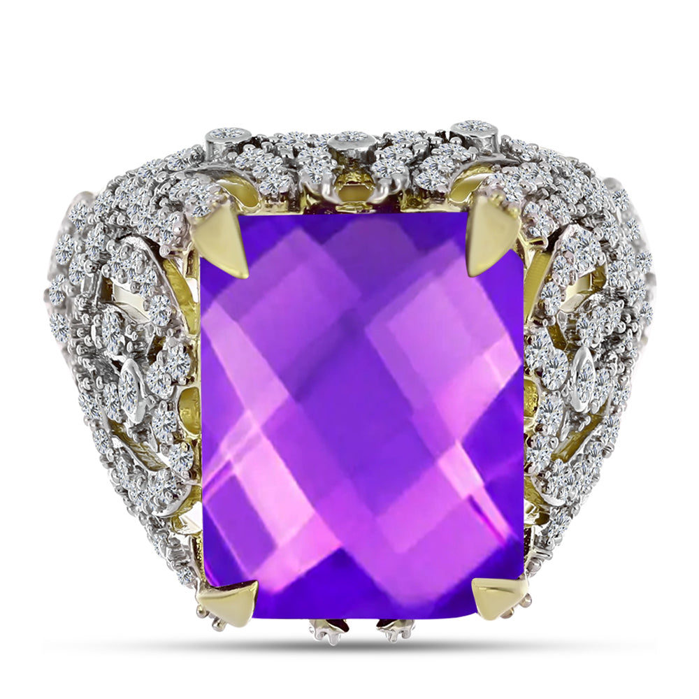 Goldplattierter Silberring mit lila Achat und weißem Topas 1 