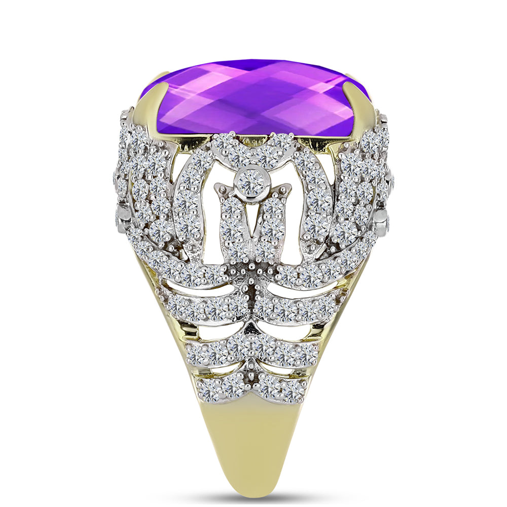 Goldplattierter Silberring mit lila Achat und weißem Topas