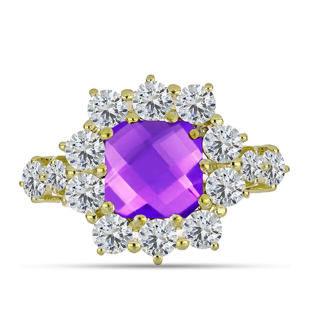 Goldplattierter Silberring mit lila Achat und weißem Topas