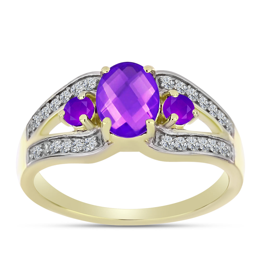 Goldplattierter Silberring mit lila Achat und weißem Topas
