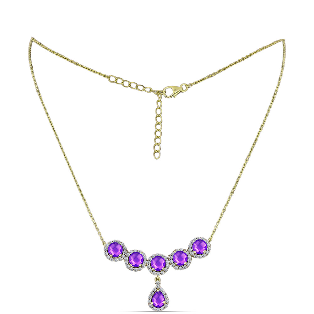 Goldplattierte Silberhalskette mit lila Achat und weißem Topas