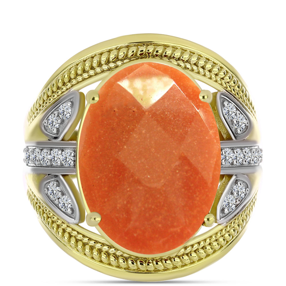 Goldplattierter Silberring mit Sonnenstein aus Oregon und weißem Topas 1 