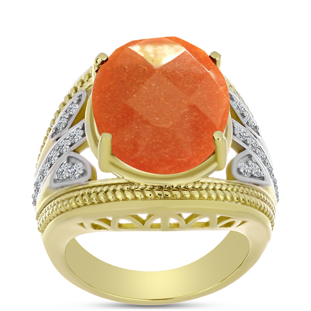 Goldplattierter Silberring mit Sonnenstein aus Oregon und weißem Topas 3 