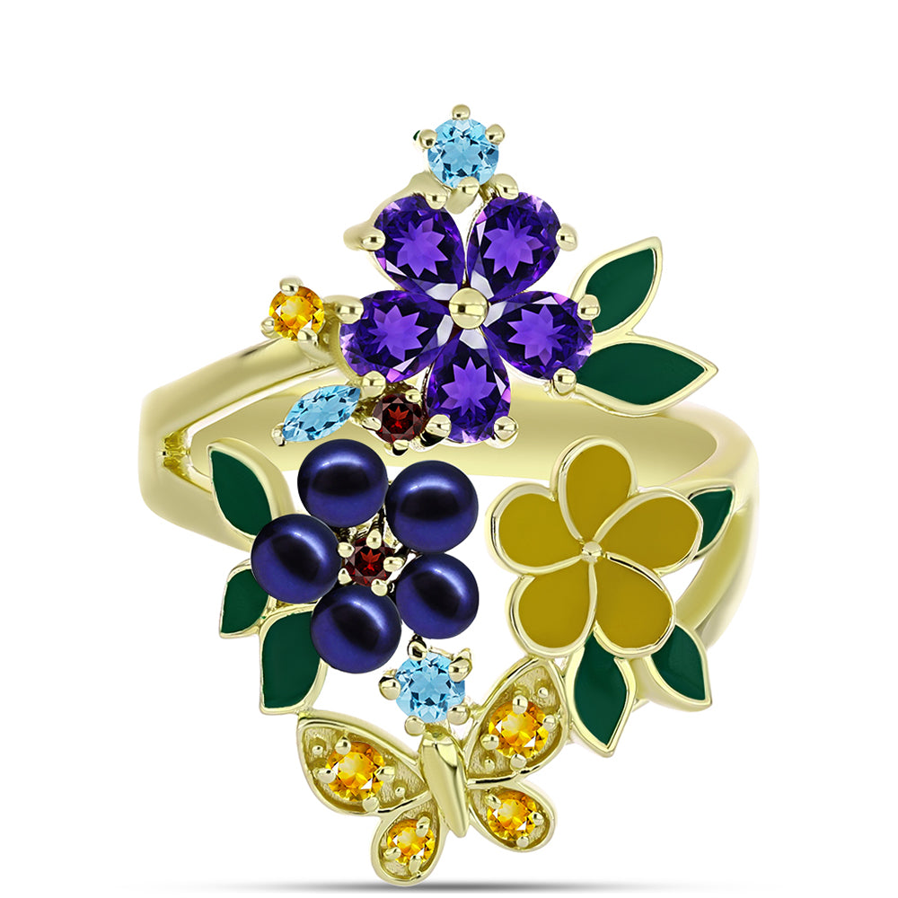 Goldplattierter Silberring mit schwarze Süßwasserperle und marokkanischem Amethyst 1 