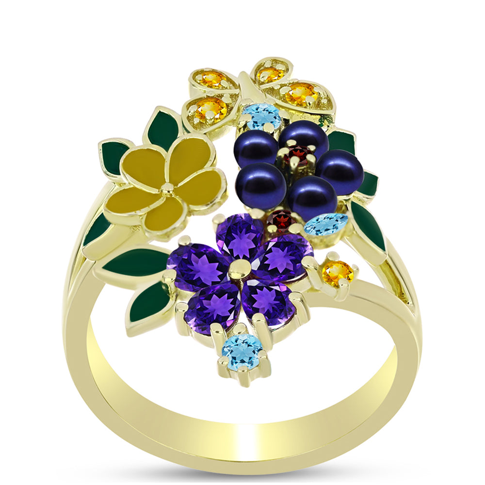 Goldplattierter Silberring mit schwarze Süßwasserperle und marokkanischem Amethyst