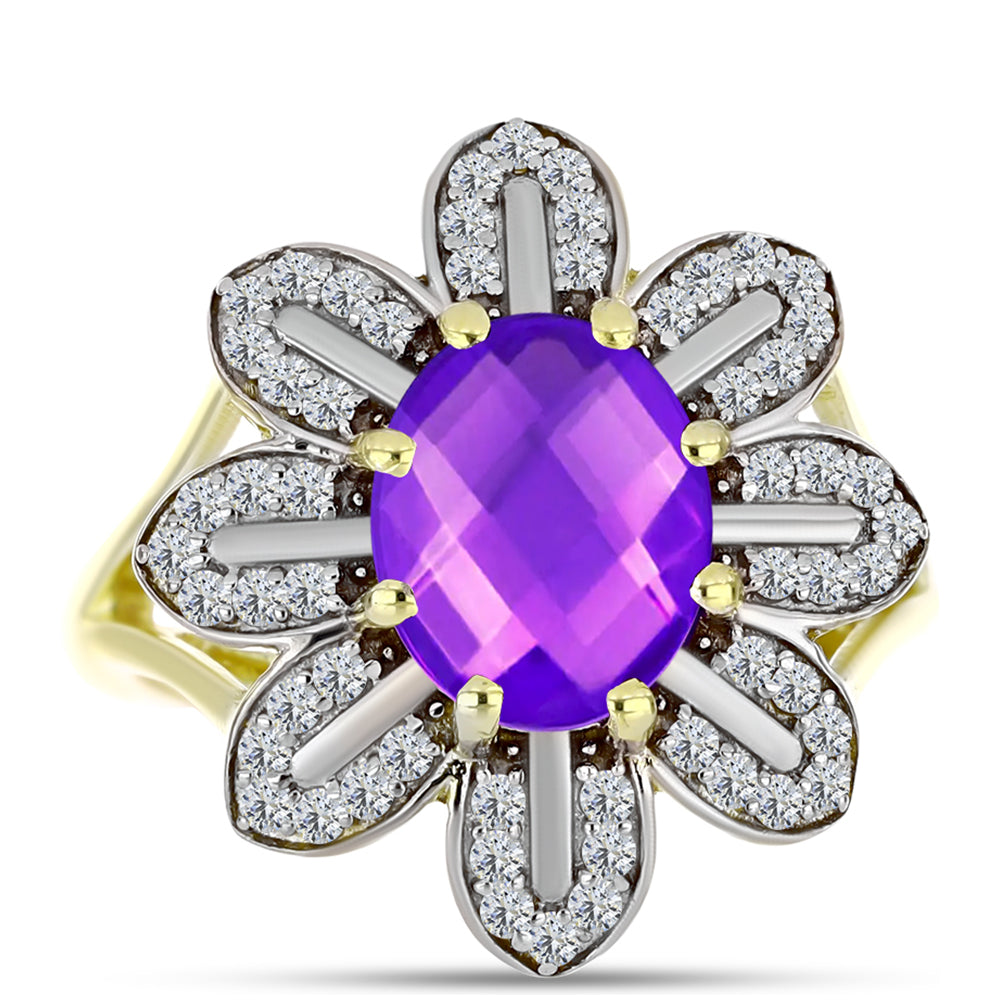 Goldplattierter Silberring mit lila Achat und weißem Topas 1 