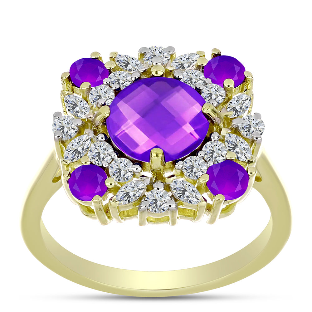 Goldplattierter Silberring mit lila Achat und weißem Topas