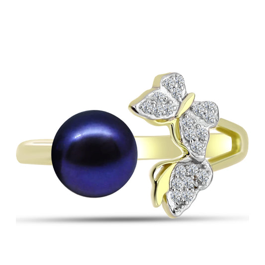 Goldplattierter Silberring mit schwarze Süßwasserperle und weißem Topas
