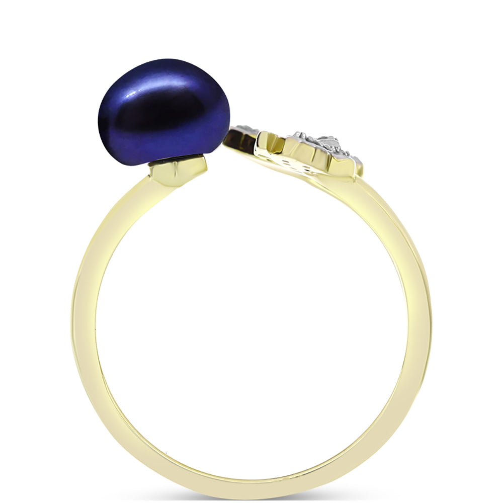 Goldplattierter Silberring mit schwarze Süßwasserperle und weißem Topas 2 