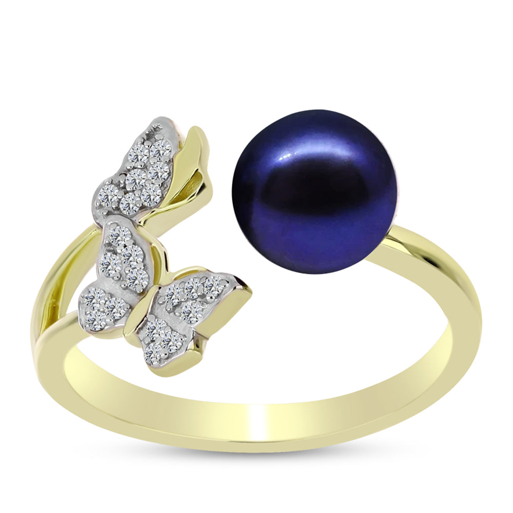 Goldplattierter Silberring mit schwarze Süßwasserperle und weißem Topas 3 