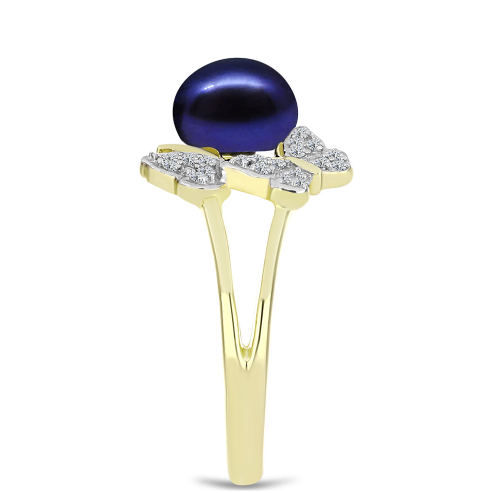 Goldplattierter Silberring mit schwarze Süßwasserperle und weißem Topas 4 