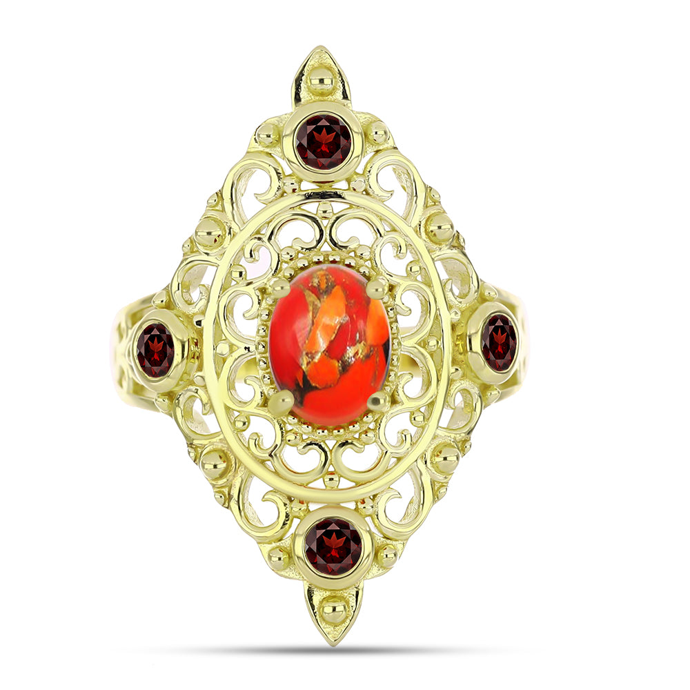 Goldplattierter Silberring mit Mohave-Türkis und Barton Granat 1 