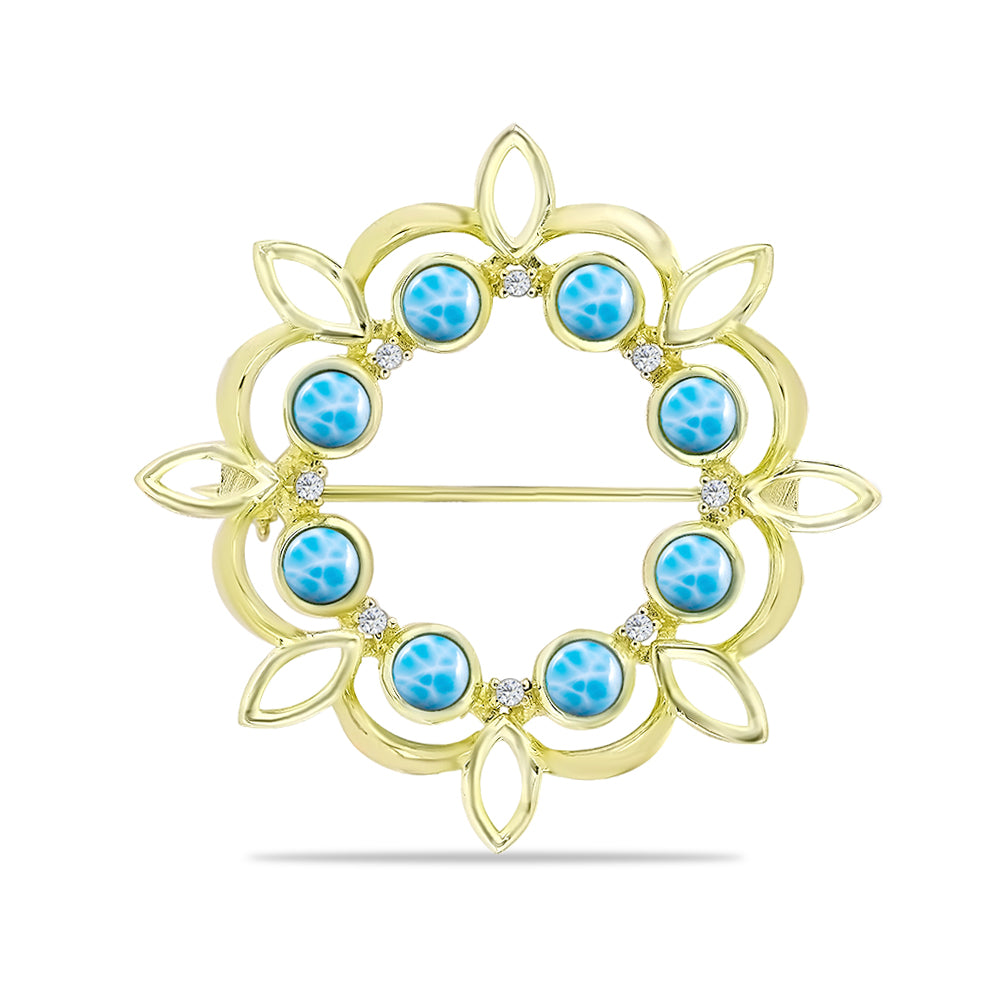 Goldplattierte Silberbrosche mit Larimar und schweizerischem Blautopas