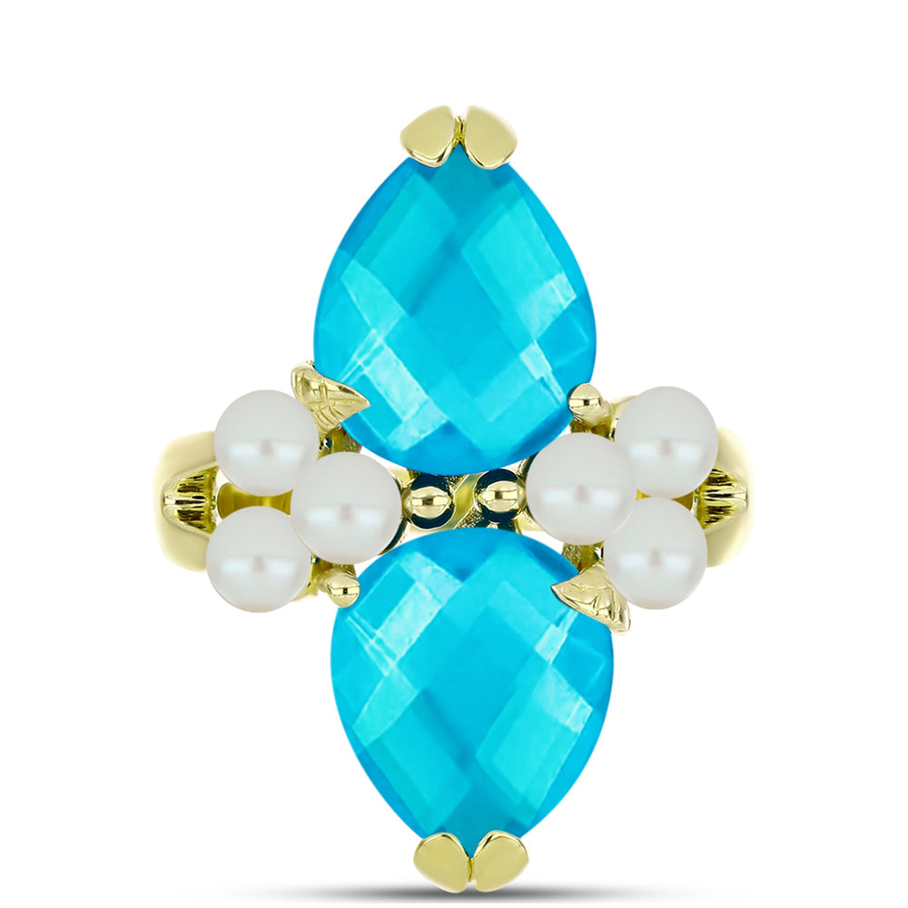 Goldplattierter Silberring mit blauem Jade und weißer Süßwasserperle 1 