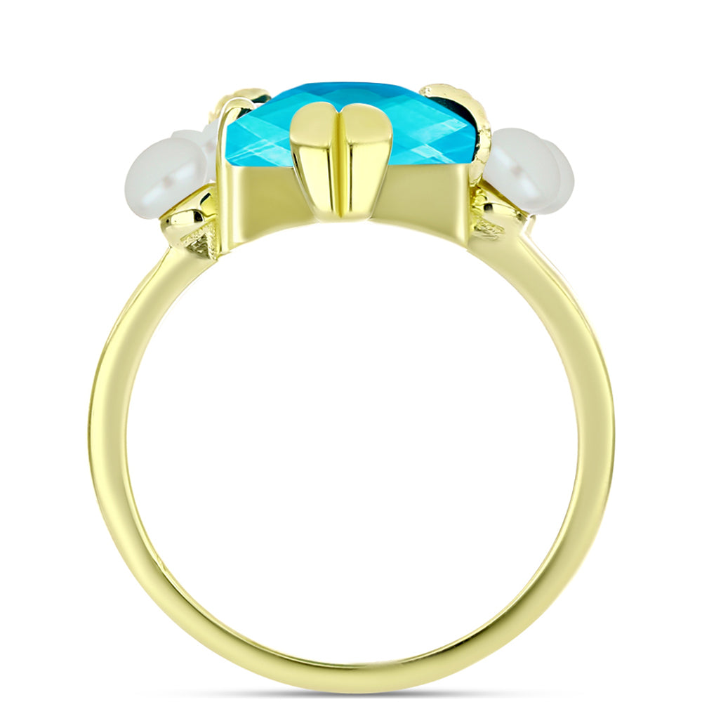 Goldplattierter Silberring mit blauem Jade und weißer Süßwasserperle 2 
