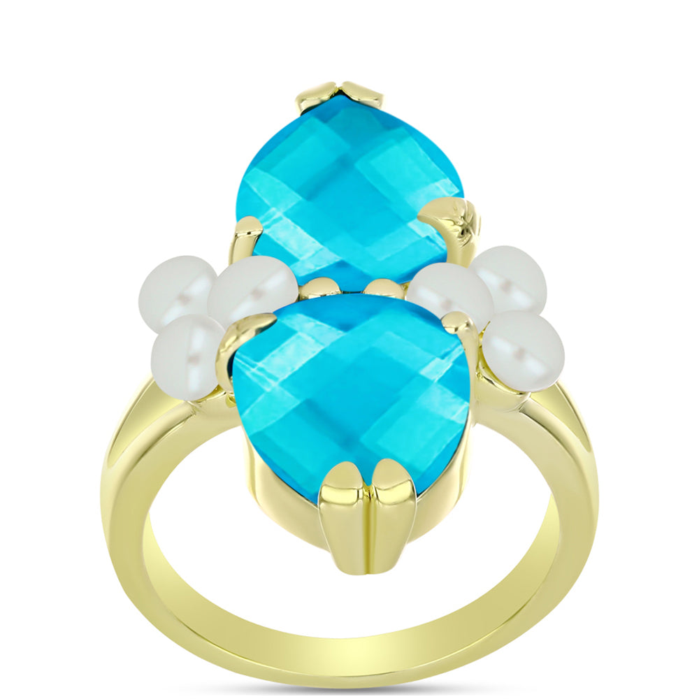 Goldplattierter Silberring mit blauem Jade und weißer Süßwasserperle 3 