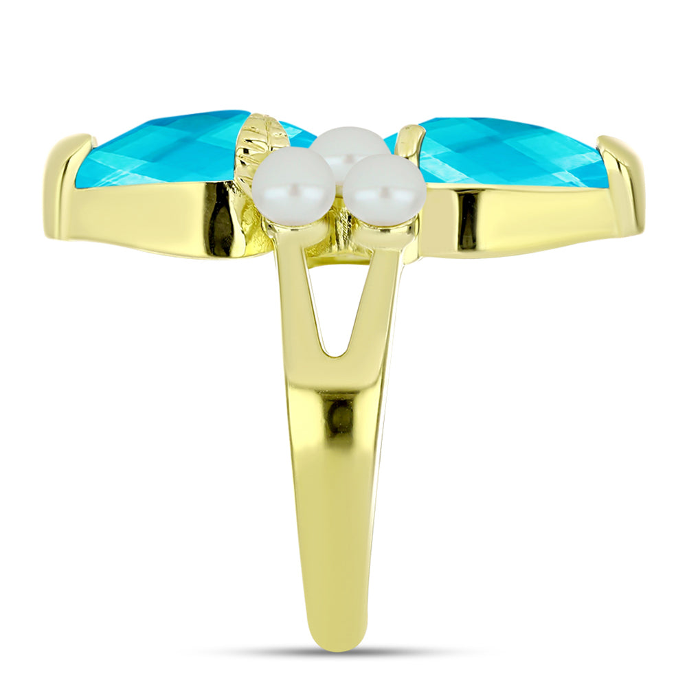 Goldplattierter Silberring mit blauem Jade und weißer Süßwasserperle 4 