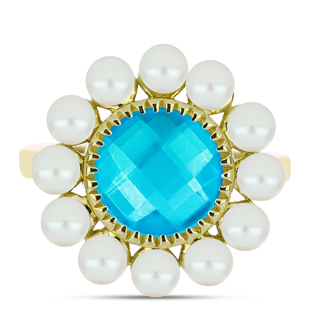 Goldplattierter Silberring mit blauem Jade und weißer Süßwasserperle 1 