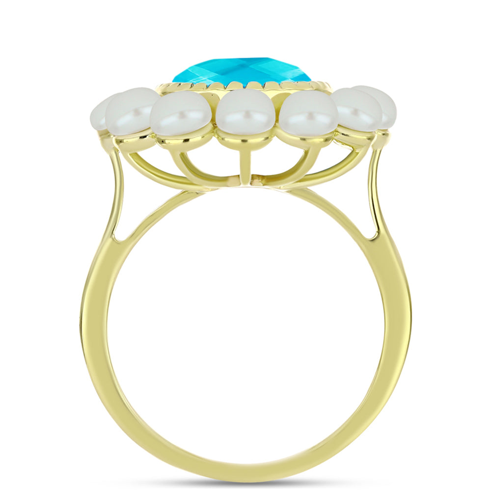 Goldplattierter Silberring mit blauem Jade und weißer Süßwasserperle