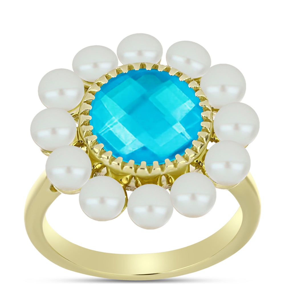 Goldplattierter Silberring mit blauem Jade und weißer Süßwasserperle 3 
