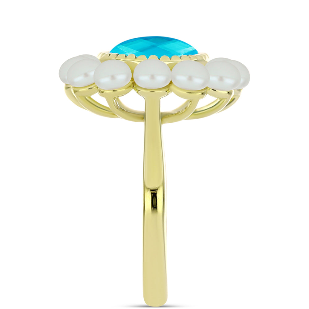 Goldplattierter Silberring mit blauem Jade und weißer Süßwasserperle 4 