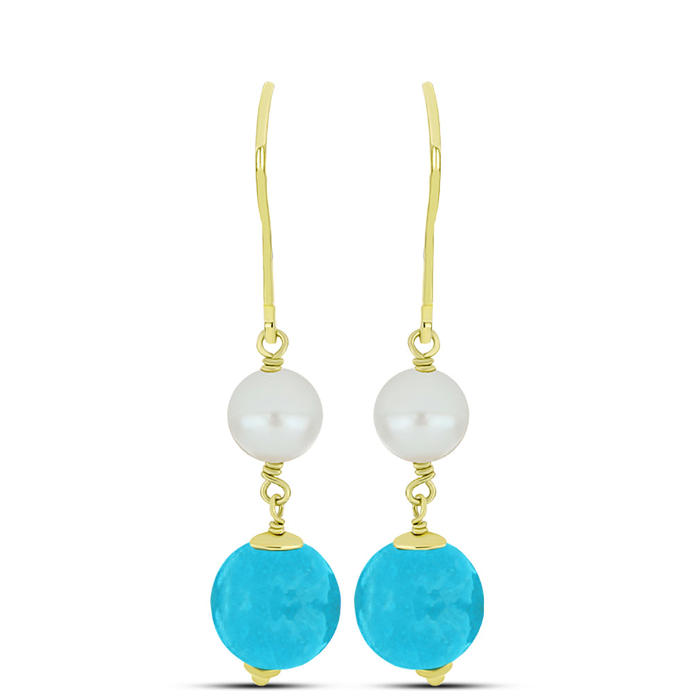 Goldplattierte Silberohrringe mit blauem Jade und weißer Süßwasserperle 1 