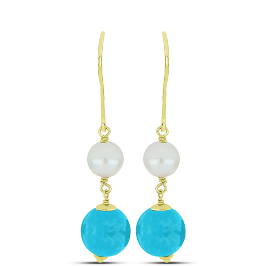 Goldplattierte Silberohrringe mit blauem Jade und weißer Süßwasserperle