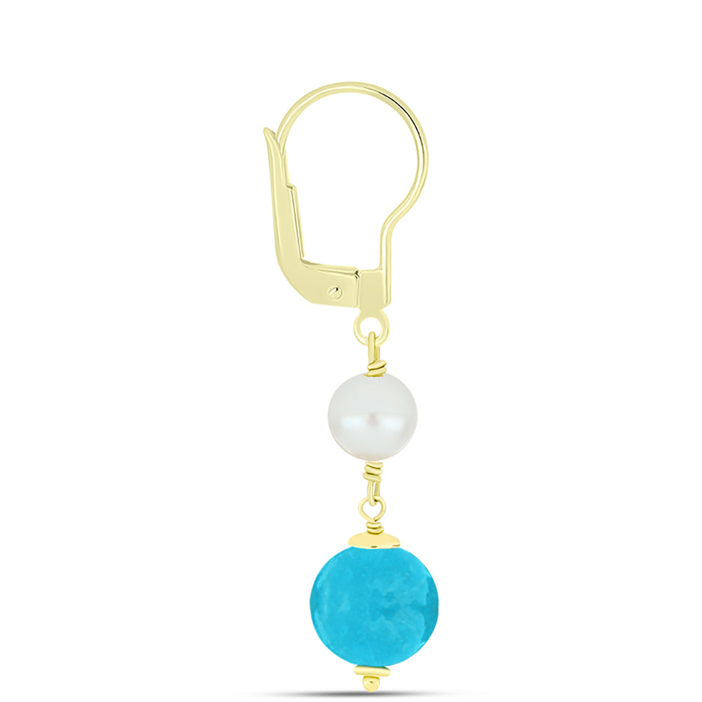 Goldplattierte Silberohrringe mit blauem Jade und weißer Süßwasserperle