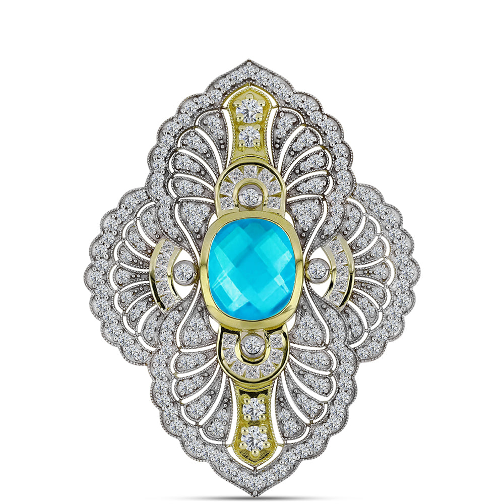 Goldplattierte Silberbrosche mit blauem Jade und weißem Topas