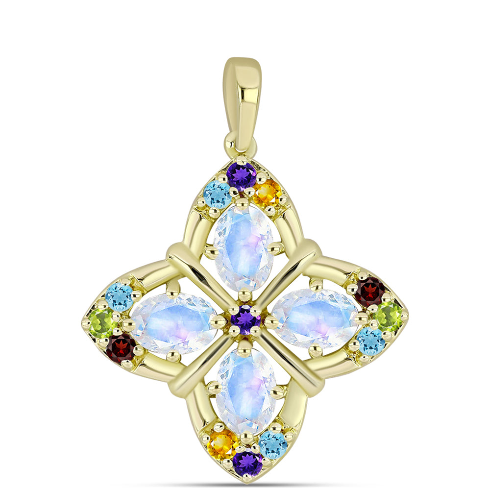 Goldplattierter Silberanhänger mit Regenbogenmondstein und marokkanischem Amethyst