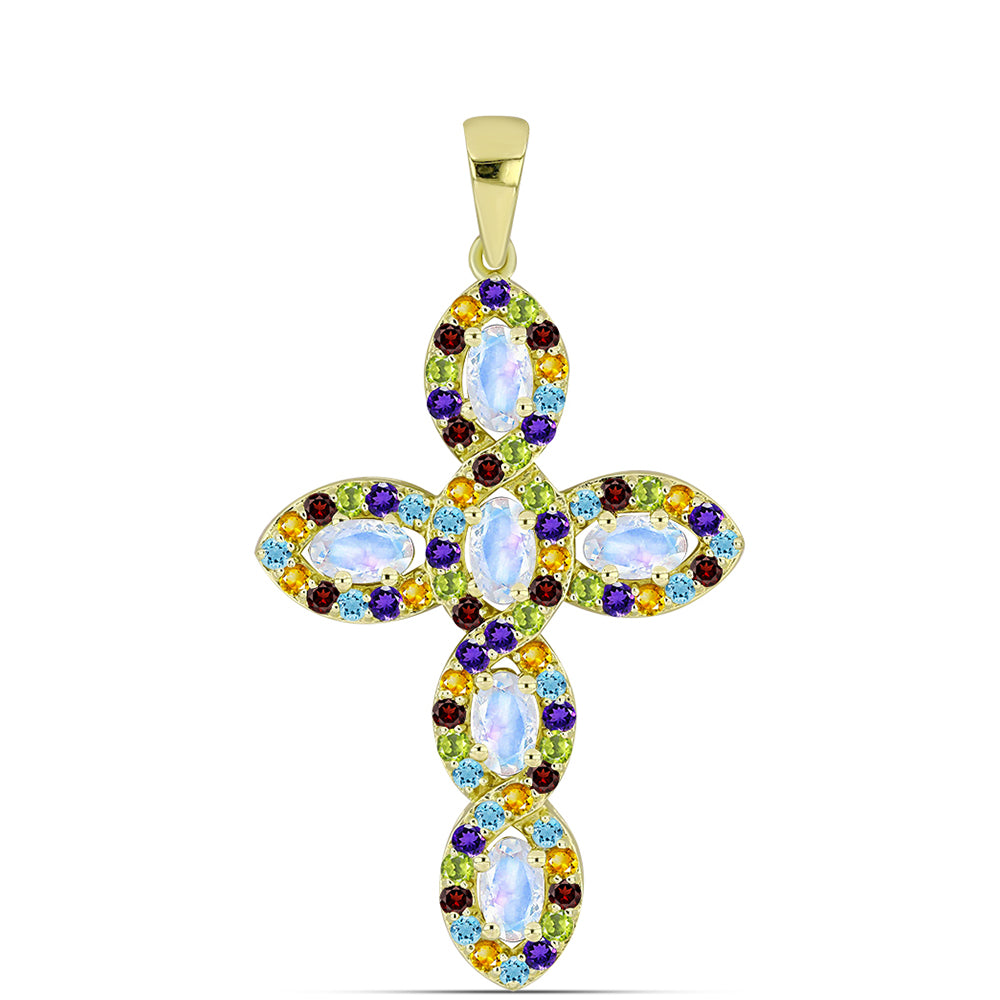 Goldplattierter Silberanhänger mit Regenbogenmondstein und marokkanischem Amethyst